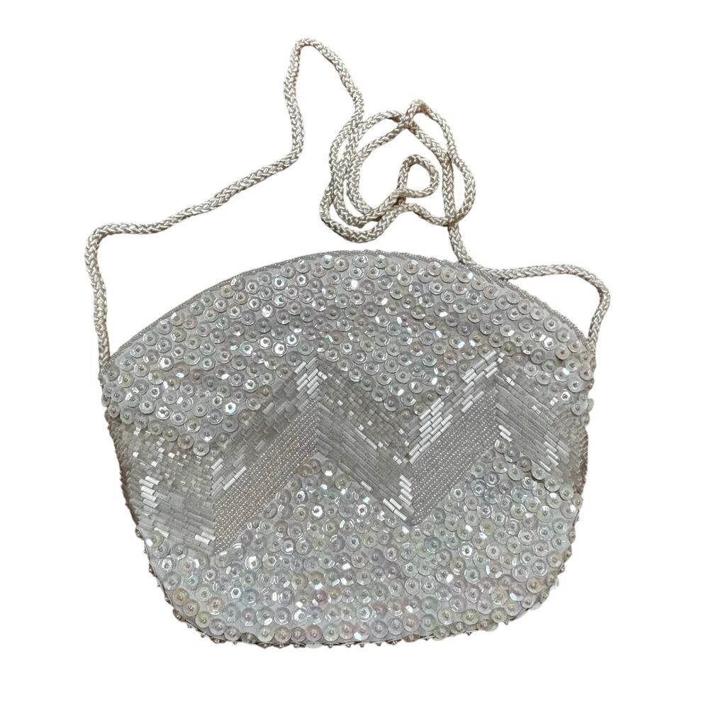 Vintage 1980’s Milor white beaded sequins evening bag wedding bride prom purse